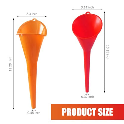 2 PCS Long Neck Oil Funnel, Multi Purpose No Spill Spill Saver Funnels with Hanging Loop Hand-Free Plastic Funnel, Portable Maintenance Tool for Automotive Oils Lubricants (Red+Orange)