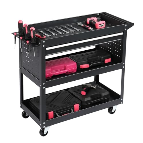 3 Tier Rolling Tool Cart, 3-Tier Tool Cart on Wheels, Mechanic Tool Cart on Wheels, Heavy Duty Utility Cart with Drawers and Pegboard, 330 LBS Capacity Tool Storage Cart for Garage, Warehouse - color: A