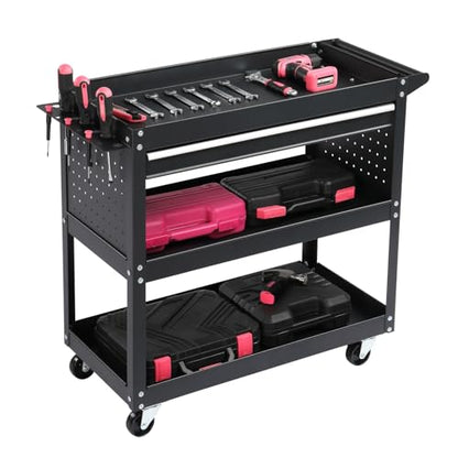 3 Tier Rolling Tool Cart, 3-Tier Tool Cart on Wheels, Mechanic Tool Cart on Wheels, Heavy Duty Utility Cart with Drawers and Pegboard, 330 LBS Capacity Tool Storage Cart for Garage, Warehouse - color: A
