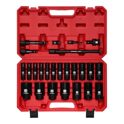 MIXPOWER 25 PCS 1/2” Drive Impact Socket Set, 3/8" to 1-1/2" Deep Socket, 6-Point Hex Socket with Portable Case,SAE,CR-V&CR-MO Steel - size: 25 PCS(3/8"-1-1/2")
