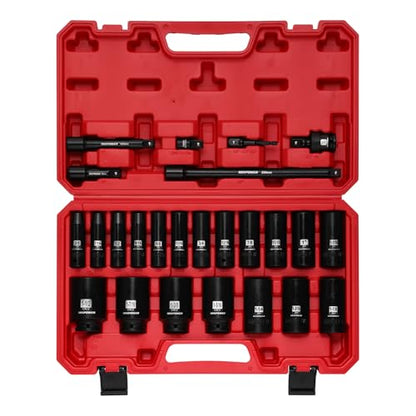 MIXPOWER 25 PCS 1/2” Drive Impact Socket Set, 3/8" to 1-1/2" Deep Socket, 6-Point Hex Socket with Portable Case,SAE,CR-V&CR-MO Steel - size: 25 PCS(3/8"-1-1/2")