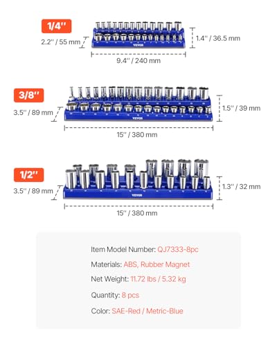 VEVOR Magnetic Socket Organizer Set, 8PCS Socket Holder, 1/4'', 3/8'' & 1/2'' Metric SAE Socket Trays with Clear Labels, Hold up to 199PCS Standard & Deep Sockets, Blaue & Red (Sockets Not Included) - style: 8pcs Metric & SAE