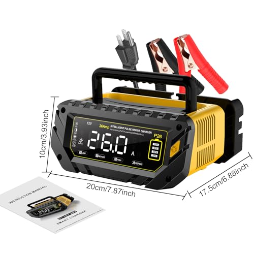 Car Battery Charger 26A, 6V/12V/24V, Battery Maintainer Trickle Charger | Lead-Acid, LiFePo4, Lithium Smart Battery Charger, Large Screen Fully Automatic Chargers for Car, Motorcycle, Lawn Mower