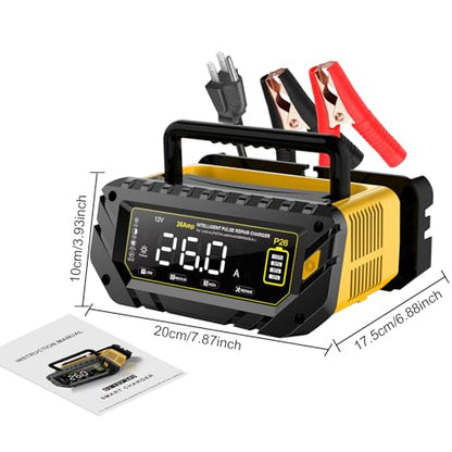 Car Battery Charger 26A, 6V/12V/24V, Battery Maintainer Trickle Charger | Lead-Acid, LiFePo4, Lithium Smart Battery Charger, Large Screen Fully Automatic Chargers for Car, Motorcycle, Lawn Mower