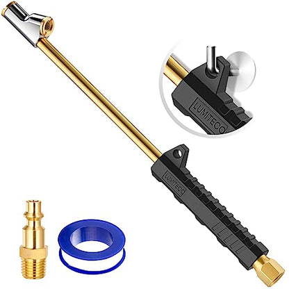 LUMITECO 12" Extended Reach Dual Head Air Chuck, 2-Way Connection 1/4" FNPT Straight Foot Lock On Tire Inflate Chuck, Tire Chuck w/Quick Plug, Air Compressor Fill Kit for Truck RV Semi Dually Tires - size: 12'' - With Handle