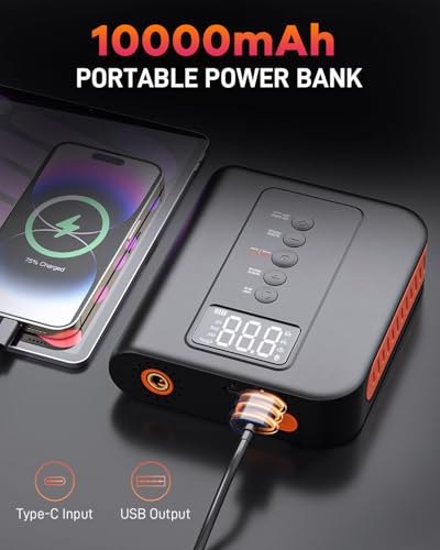 10000 amp Jump Starter with Air Compressor for Car, Battery Portable Power Pack 150PSI Tire Inflotor, USB Charge, LED Light, for All Gas and Up to 8L Diesel Engines Jumper Box