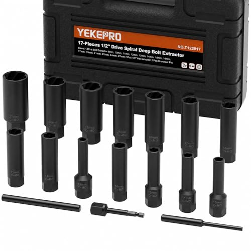 17PCS 1/2" Drive Deep Bolt Extractor Set (85mm Length), Cr-Mo Steel Spiral Socket Set for Removing Damaged, Frozen, Rusted, Stripped & Rounded-Off Bolts, Nuts & Screws