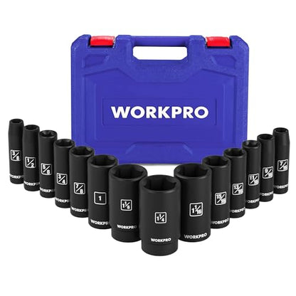 WORKPRO 14-Piece 1/2＂ Drive Deep Impact Socket Set, 6-Point Impact Deep Socket Set with Heavy Duty Storage Case for Automotive and Mechanical Repairs, 3/8"-1-1/4", Cr-V Steel, SAE - style: 14PC, SAE