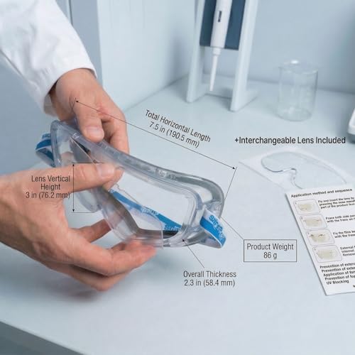 Safety Goggles Over Glasses, Spare Lens Included, ANSI Z87.1 Anti-Fog, Dual Foam Seal, Lab Construction Work Workshop - size: 2 Goggles + 2 Replacement Lenses