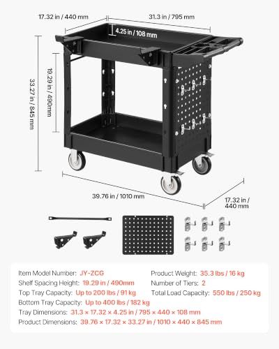 VEVOR Heavy Duty Utility Cart with Tray & Pegboard, 550 LBS 2 Tier Service Cart with 360° Swivel & Fixed Wheels (2 with Brakes), Plastic Rolling Cart, Tool Storage for Garage Warehouse Workshop - size: 39.76 x 17.32 x 33.27 in