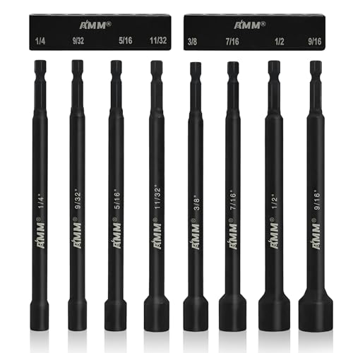 AMM 8PCS SAE Magnetic Nut Driver Set for impact drill, Long Nut Drivers 6 INCH (1/4" - 9/16"), 1/4” Hex Shank Nut Driver Bit， Cr-V Steel