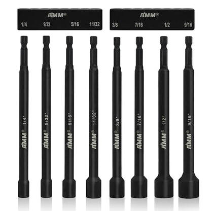AMM 8PCS SAE Magnetic Nut Driver Set for impact drill, Long Nut Drivers 6 INCH (1/4" - 9/16"), 1/4” Hex Shank Nut Driver Bit， Cr-V Steel