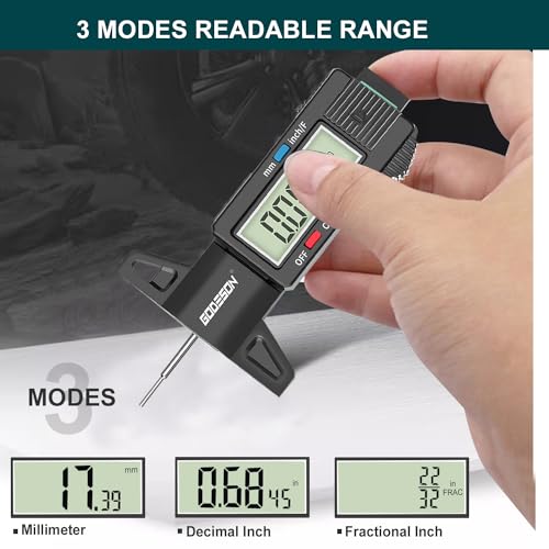 GODESON Tire Tread Depth Gauge, Digital Tire Tread Depth Gauge with 3 Modes-Fractional Inch, Decimal Inch and Millimeter, Tire Depth Gauge for Motorcycles, Cars, SUV, Easy to Read Tread Depth Gauge - color: Black