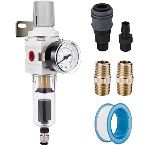 NANPU 1/4" NPT Air Compressor Filter & Pressure Regulator Combo, Auto Drain | 5-micron brass element water/oil separator, poly bowl, auto drain, 20 SCFM, 0-150 psi gauge—for airbrush & air tools - size: 1/4" NPT, style: Auto Drain