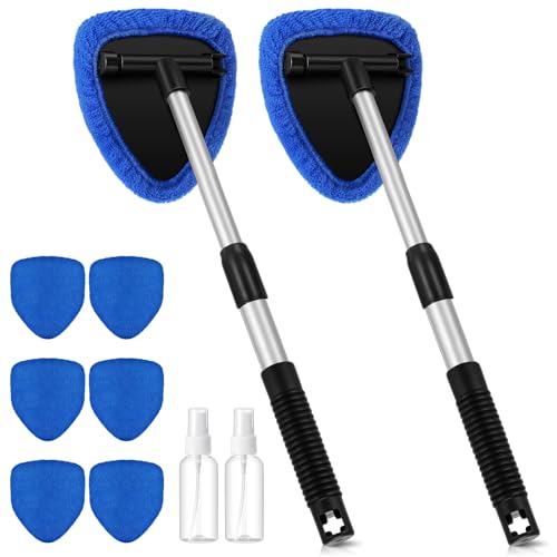 Baderke 10 Pcs Windshield Cleaner Tool Car Window Cleaning Supplies with Extendable Handle Include 6 Washable Microfiber Bonnets 2 Empty 60ml Spray Bottle Glass Wiper Kit(Royal Blue) - color: Royal Blue