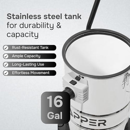 Dapper Supply 16 Gallon 4.5 Peak HP Wet/Dry Vacuum, Stainless Steel Tank, 3 in 1 Function Portable Shop Vacuum with Attachments, Ideal for Jobsite, Garage & Workshop. - size: 16 Gal