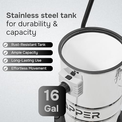 Dapper Supply 16 Gallon 4.5 Peak HP Wet/Dry Vacuum, Stainless Steel Tank, 3 in 1 Function Portable Shop Vacuum with Attachments, Ideal for Jobsite, Garage & Workshop. - size: 16 Gal