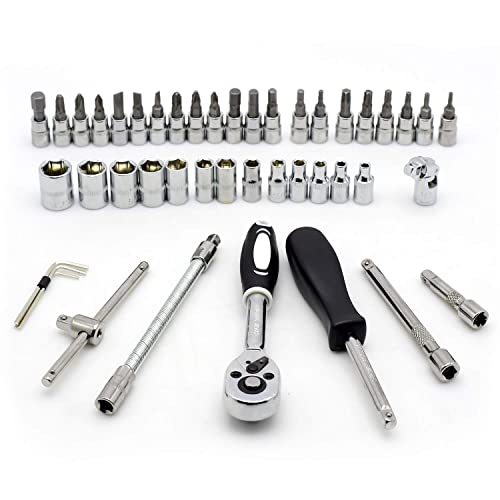 46PCS 1/4 inch Drive Socket Set,Metric Ratchet Wrench Set with 4-14mm CR-V Sockets,S2 Bits,Extension Bars,Mechanic Tool Kits for Household Auto Repair