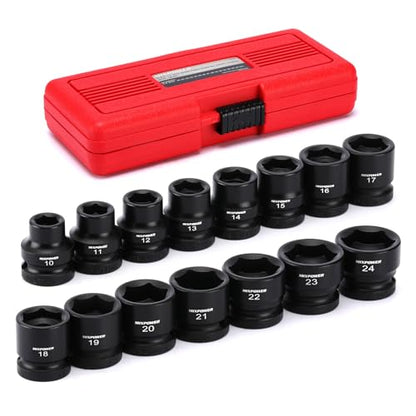 MIXPOWER 15-Piece 1/2" Drive Stubby Impact Socket,CR-MO,10-24mm,6-Point,Metric,Radius Corner Design, Axle Nut Impact Grade Socket for Easy Removal - size: 1/2" Drive / Metric Set