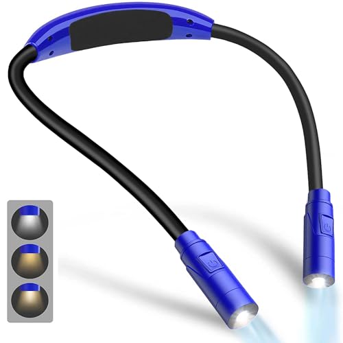 Book Light, 3 Color and Brightness Adjustable Reading Light, Rechargeable and Bendable Round Neck Design, 0+Hrs Runtime, Neck Round Design, Lightweight for Crafting, Knitting & Repairing (Blue)
