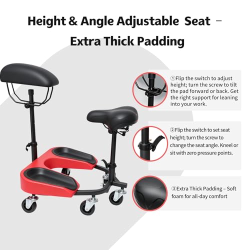 Heavy-Duty Kneeling/Sitting Creeper with Adjustable Seat & Tool Tray – 300lb Capacity Rolling Knee Work Seat for Auto Repair, Flooring, Landscaping & DIY – Padded Knee Support & Smooth Casters