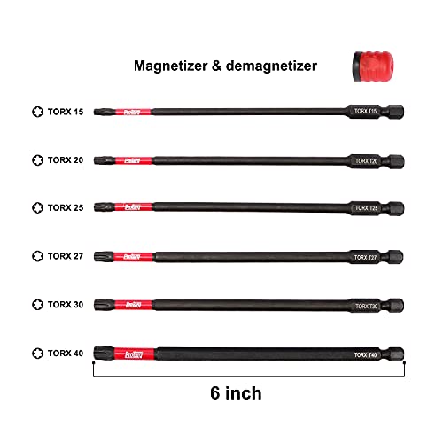 Protorq Long Impact Bit Set, TORX, 6-Inch Length, 6-Piece with 1-Piece magnetizer & demagnetizer - size: 6pc 6 in. T15-T40 with Magnetizer