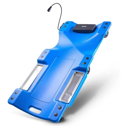 VEVOR 40 in Mechanic Creeper with LED Light, Low Profile Plastic Garage Creeper, 350 lbs Under Car Rolling Creeper with 6 Swivel Casters, Padded Headrest & Tool Trays for Auto Repair - color: Blue
