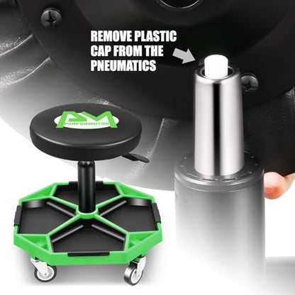 PM PERFORMOTOR Adjustable Height Pneumatic Garage Seat Rolling Mechanic Stool with Tool Tray Storage,300lbs Max Weight Capacity, Green,PM-TOL-ATS-GR - color: Green