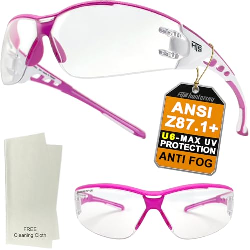 HTS HUNTERSKY Super Flexible Lightweight Anti Fog Wrap-Around U6 Clear Shooting Safety Glasses with ANSI Z87.1 Scratch Resist - color: Pink / Clear (1 Pack)