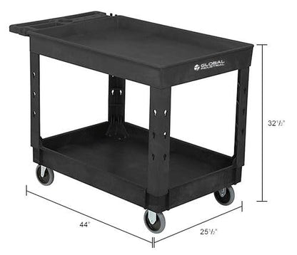 Global Industrial Industrial Service & Utility Cart, Plastic 2 Tray Black Shelf, 44” x 25-1/2”, 5" Rubber Casters - color: Black