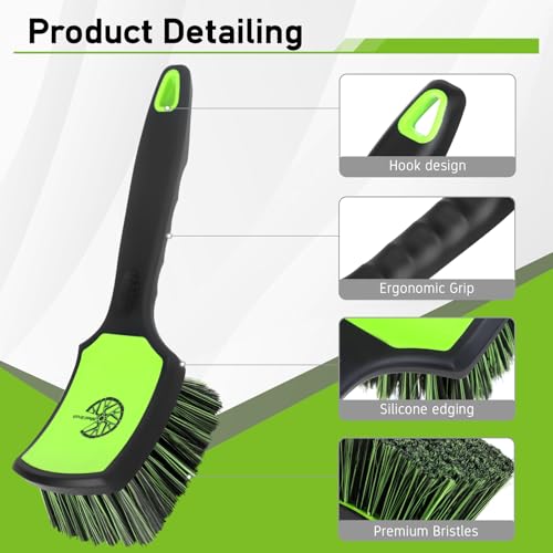 MVEQRRN 2-Pack Car Wheel & Tire Detailing Brush Set, Soft & Stiff Bristles (Green) | Rubber handle, Wheel Cleaner Brush, deep clean rims, wheel brushes for cleaning wheels, for fenders, carpets, car wash kit - color: black green
