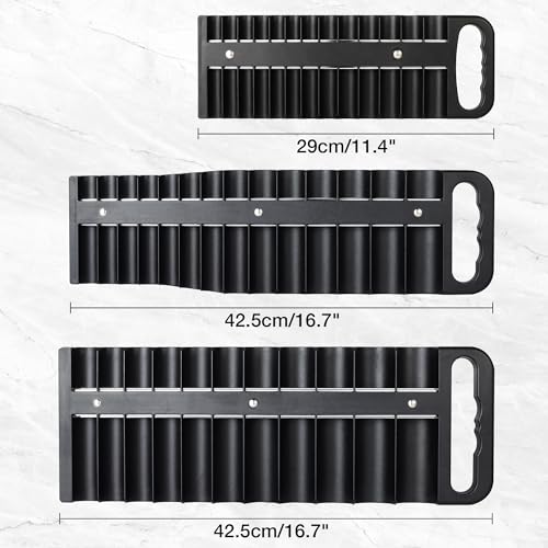Reniteco Magnetic Socket Organizer Set, 3-Pack, 1/4" 3/8" 1/2" Socket Tray | 76-Socket Capacity, 1/4" 22 Pallets, 3/8" 28 Pallets, 1/2" 26 Pallets, Fits Shallow & Deep Sockets, Sockets Not Included - color: Black