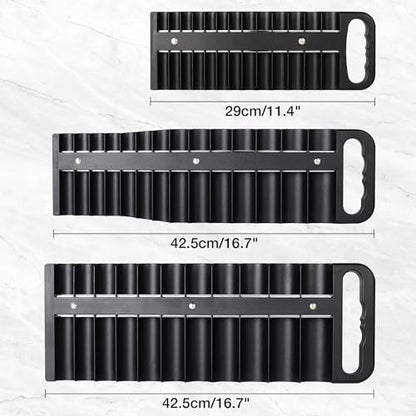 Reniteco Magnetic Socket Organizer Set, 3-Pack, 1/4" 3/8" 1/2" Socket Tray | 76-Socket Capacity, 1/4" 22 Pallets, 3/8" 28 Pallets, 1/2" 26 Pallets, Fits Shallow & Deep Sockets, Sockets Not Included - color: Black