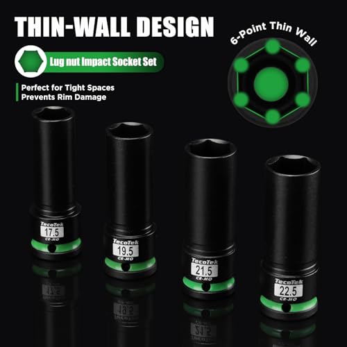 TecoTek 4PCS 1/2" Drive 1/2 Size Thin Wall Lug Nut Socket Set, Half Size Wheel Socket, 17.5mm, 19.5mm, 21.5mm, and 22.5mm, CR-MO, for Damaged, Swollen and Stuck Lug Nuts