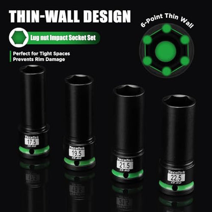 TecoTek 4PCS 1/2" Drive 1/2 Size Thin Wall Lug Nut Socket Set, Half Size Wheel Socket, 17.5mm, 19.5mm, 21.5mm, and 22.5mm, CR-MO, for Damaged, Swollen and Stuck Lug Nuts