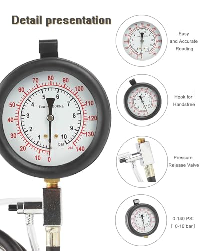 TU-443 Fuel Injection Pressure Tester Kit 0-140 PSI Pro Auto Fuel Pressure Gauge for Car Truck Motorcycle 45PCS