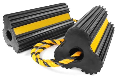 MaxxHaul 51013 Solid Rubber Wheel Chock for Travel Trailers Camper RV Truck Car Sturdiness Heavy Duty Simple Easy to use Tires Chock Block Stopper with Nylon Rope Yellow Reflective Tape 2 Pack - style: Rubber Wheel Chock - Lobe Shaped
