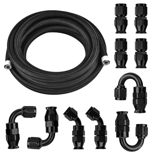 10AN 30FT PTFE Fuel Line Hose Kit, AN10 E85 Nylon Stainless Steel Braided Fuel Hose with 10 PCS Swivel PTFE Fuel Hose End Fittings Adapter Kit - Black - color: Black, size: 10AN Fitting+30Ft Hose
