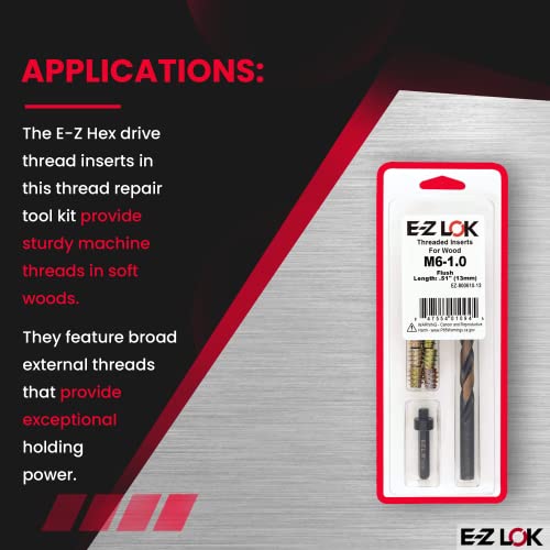 E-Z LOK E-Z Hex Thread Repair Kit for Soft Wood Flush Threaded Inserts M6-1.0 x 13mm, Drill, Installation Tool - size: M6-1.0 x 13mm, style: Flush