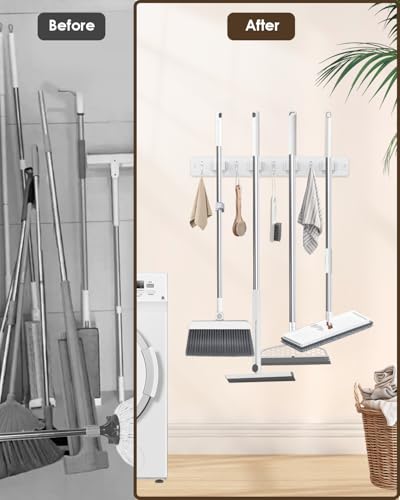Broom Holder Wall Mounted, 2 Pack White 4 Holders and 4 Hooks Mop Holder, Wooden Mop and Broom Holder with Anti slip rubber, Natural pine wood Brush Holder, Mop Wall Holder with Nail installation | Mop Holder Wall Mount and Broom Hanger for Garage, Laundr