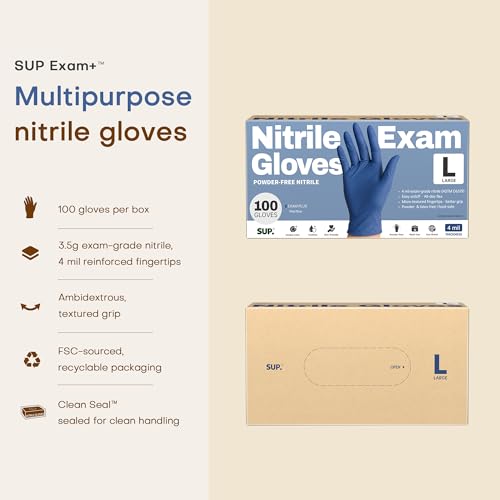 SUP Powder-Free Nitrile Exam Gloves, Food Safe Latex-Free Medical Non-Sterile Cooking Disposable Glove, Blue 100/1000 Count - color: 100 Large (Med Blue)