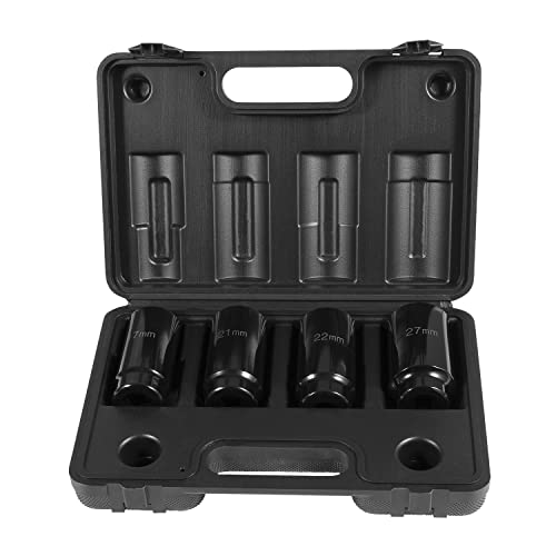 4 Pack Crank Bolt Socket Set, 17MM, 21MM, 22MM, 27MM, Harmonic Balancer Socket Set, 1/2-Inch Metric Deep Impack Socket Kit Set, 3 Times Momentum Power of Standard Impact Sockets