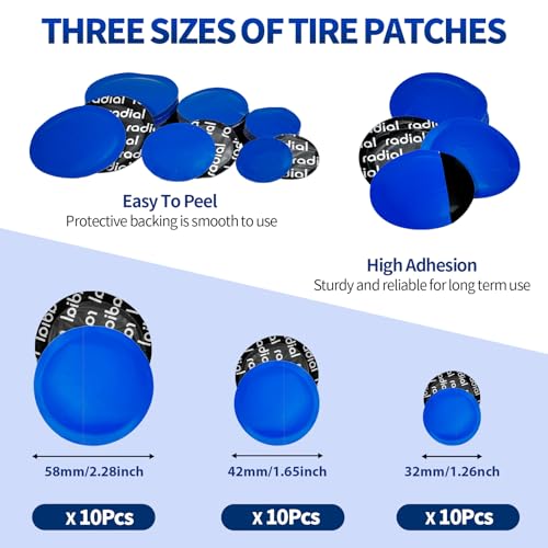 33PCS Tire Repair Patch Tools Tire Patch Kit, 30PCS Tire Patches(32mm/ 42mm/ 58mm with Tire Patch Roller, Tire Repair Buffing Wheel, Tire Inner Liner Scraper for Car Motorcycle Bike