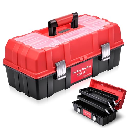 Auto Dynasty 3-Layer Folding Tool Box, Portable w/Non-Slip Handle Tray, Red | 3-Layer Folding Tool Box Organizer, Non-Slip Handle Tray, Portable Storage for Garage, Workshop and On-the-Go Repairs - color: Red, size: 3-Layer