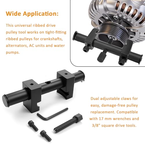 Universal Crankshaft Pulley Puller Tool 40–160mm Adjustable Ribbed | Adjustable 40–160mm crankshaft pulley puller removes ribbed and V-groove pulleys from crankshaft, alternator and accessories.