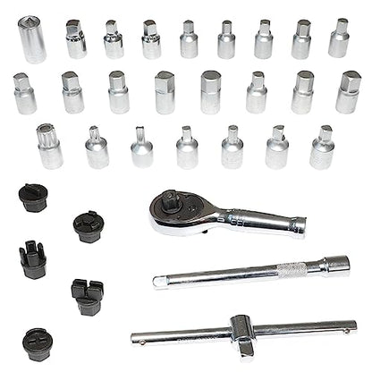 32Pcs Drain Plug Key Set, 3/8" Drive Oil Drain Plug Removal Kit Compatible with GM VW Ford Mercedes Audi BMW with Square Triangle Hex Spline Torx Socket for Oil Sump, Back Axle, Differential, Gearbox : Automotive