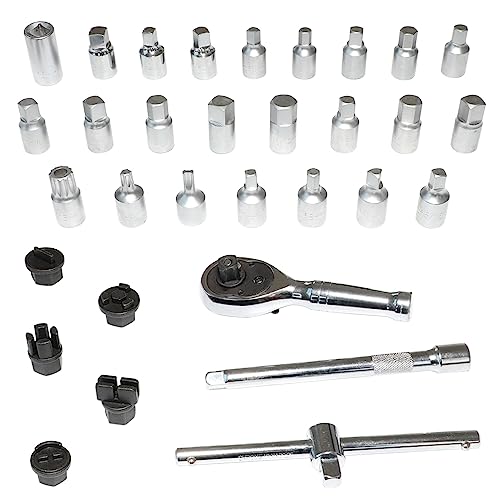 32Pcs Drain Plug Key Set, 3/8" Drive Oil Drain Plug Removal Kit Compatible with GM VW Ford Mercedes Audi BMW with Square Triangle Hex Spline Torx Socket for Oil Sump, Back Axle, Differential, Gearbox - size: 32PC