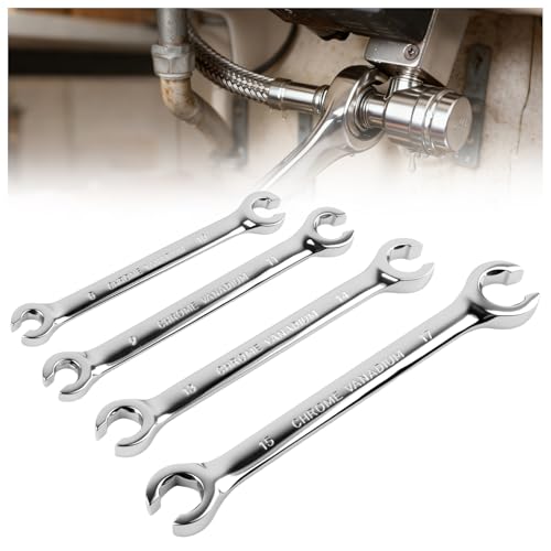 4PCS Carbon Steel Brake Line Wrench Set with 8mm/10mm/9mm/11mm/13mm/14mm/15 mm/17mm,Double-ended Offset Flare Nut Wrench Set for Detaching Nuts,Metric Flare Wrenches Sets for Car