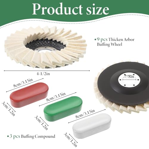 12 Pcs Thicken Wool Polishing Wheel Disc and Polishing Compounds Kit | Arbor Buffing Wheel 3 Buffing Compound 4-1/2" x 7/8" Felt Flap Disc for Angle Grinder Multi Surface Metal Wood Automotive