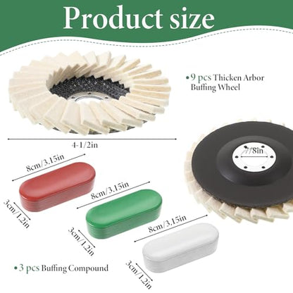 12 Pcs Thicken Wool Polishing Wheel Disc and Polishing Compounds Kit | Arbor Buffing Wheel 3 Buffing Compound 4-1/2" x 7/8" Felt Flap Disc for Angle Grinder Multi Surface Metal Wood Automotive